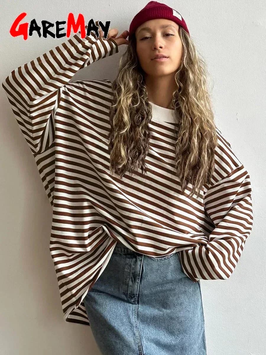 T-shirt Rayé à Manches sulfpour Femme, 95% Coton, Noir et Blanc, Décontracté, Basique, Vintage