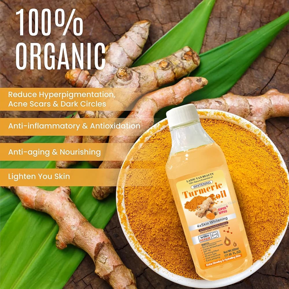 Huile essentielle de curcuma pour hommes et femmes, sérum anti-déformable, blanchissant, hydratant, soins de la peau, élimine les taches foncées, vidéo marocaine, 500ml