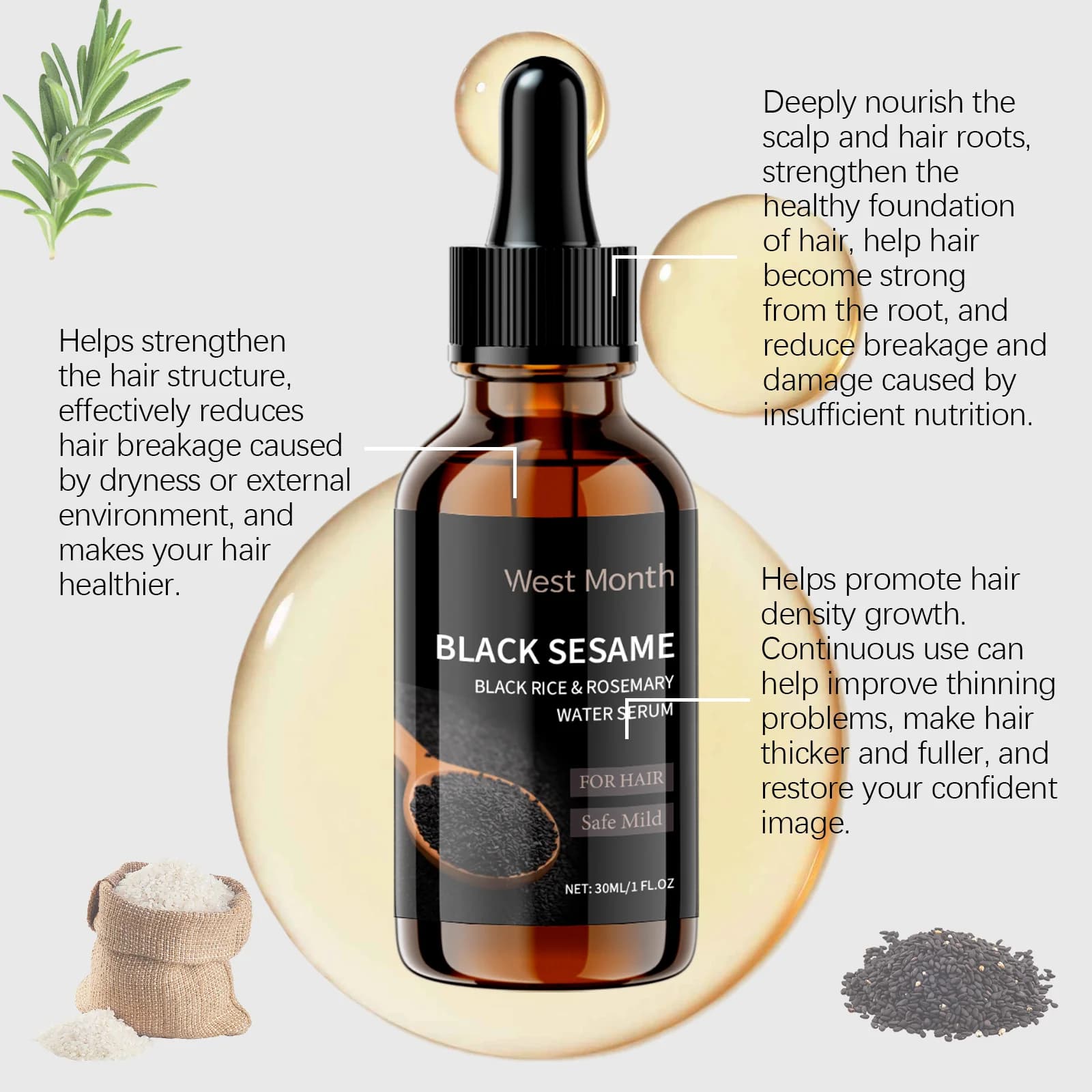 Sérum de soin au sésame noir pour cheveux gris, essence anti-cheveux blancs, améliore la couleur des cheveux, soin capillaire quotidien, 30ML