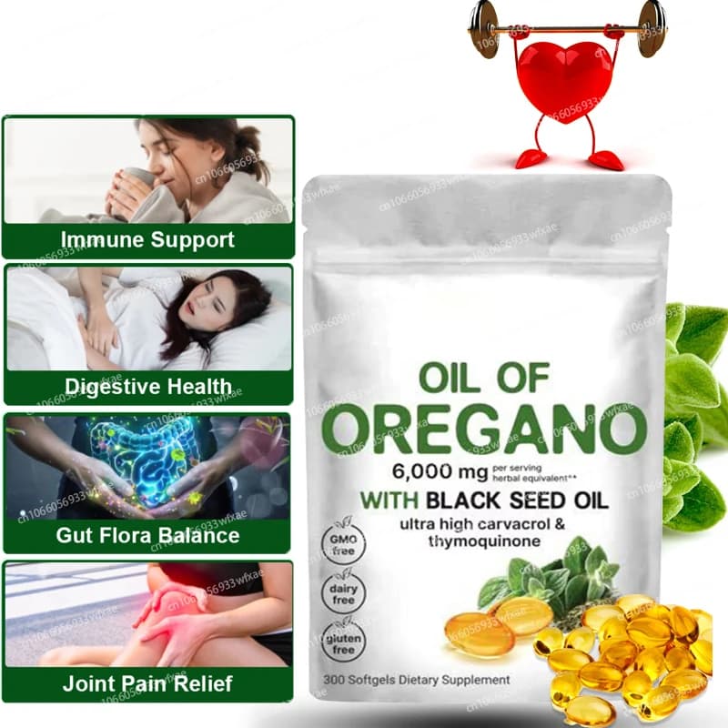 180/900 gélules d'huile d'origan 2 en 1, 6000 mg, capsules de supplément d'huile d'origan avec huile de nigelle