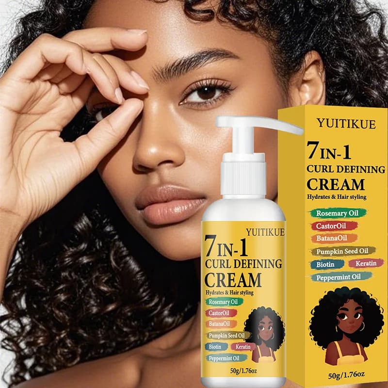 Crème définissante pour boucles YUITIKUE 7-en-1, crème coiffante hydratante pour cheveux bouclés avec huile de romarin et huile de ricin