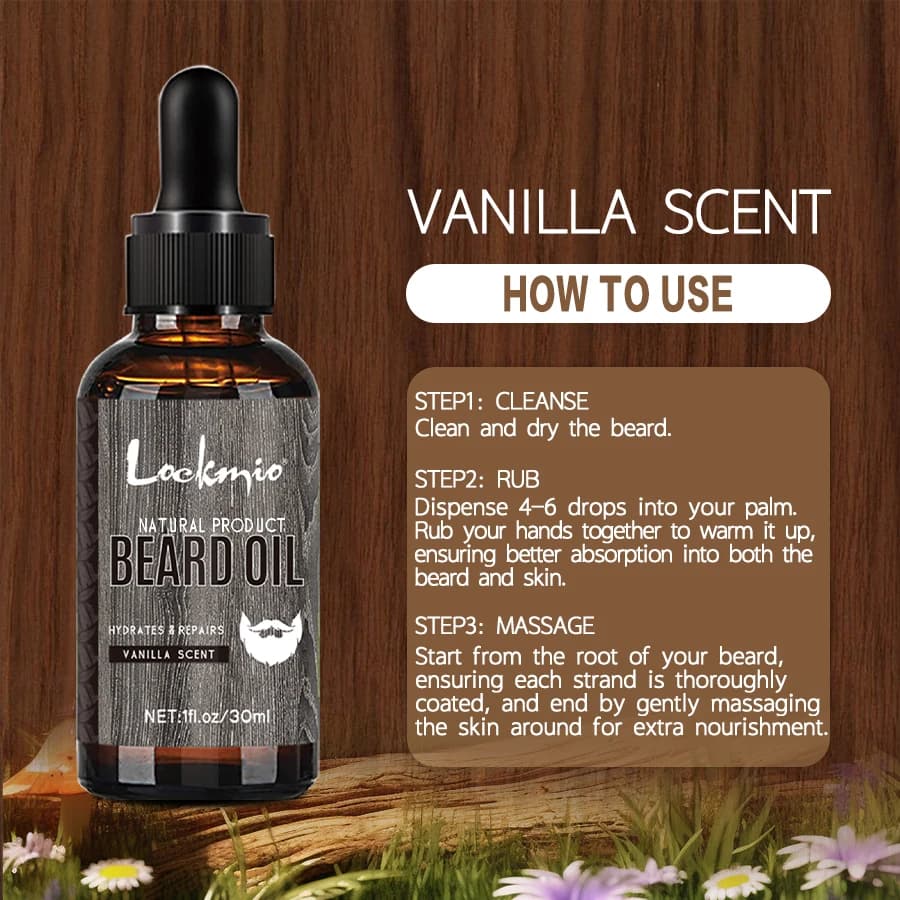 LOCKMIO huile de barbe naturelle pour hommes parfum vanille hydrate répare la croissance des racines de barbe soin coiffant plus épais