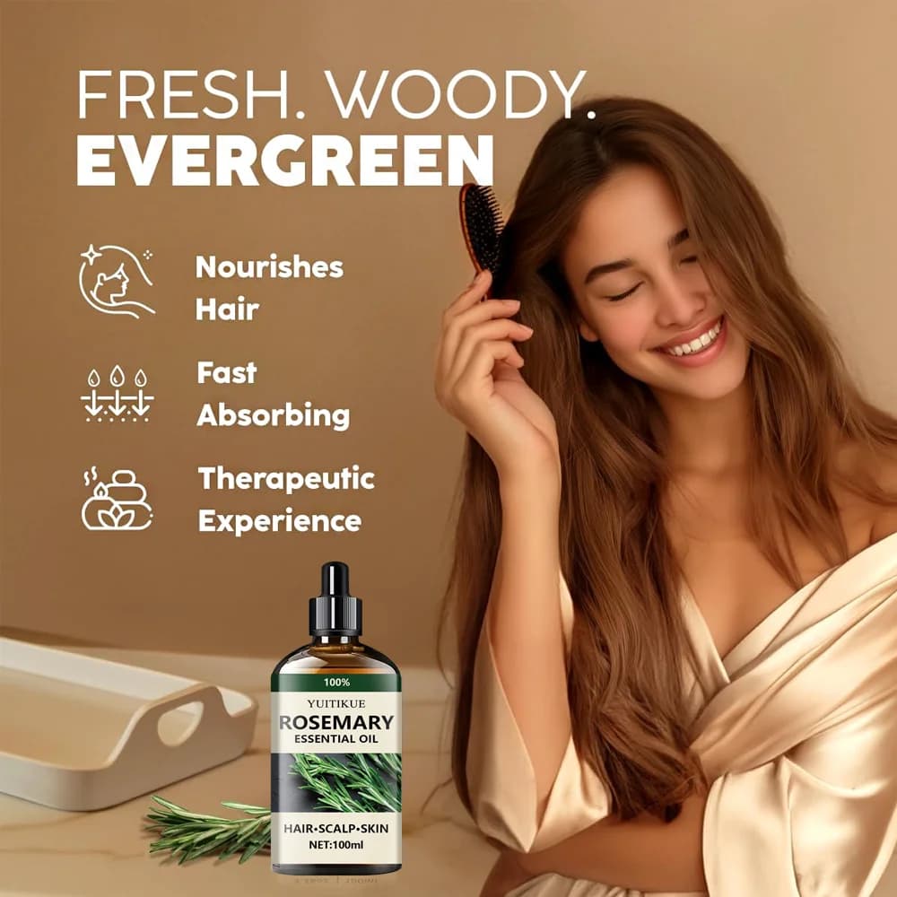 L'huile essentielle de romarin 100% YUITIKUE absorbe rapidement, hydrate en profondeur les cheveux et lisse les cheveux secs et grossiers