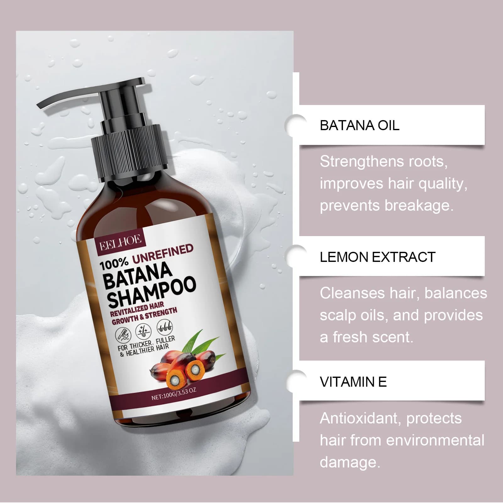 Shampooing Traitant aux Huiles de Batana Bio pour Cheveux Abîmés et Desserrés
