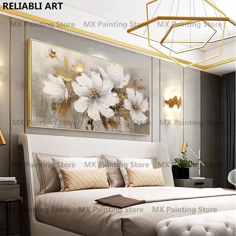 Peinture à l'huile de fleurs dorées sur affiche, imprimés sur toile, Art mural, peinture florale blanche abstraite, décor de salon, décor de maison sans cadre