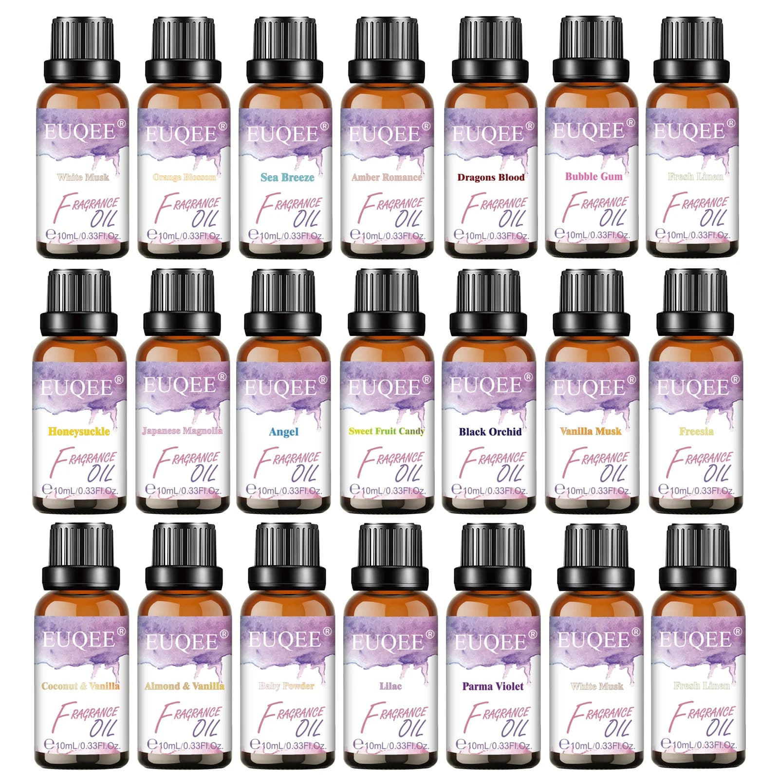 EUQEE 10ml huile parfumée noix de coco et vanille pour diffuseur d'aromathérapie bébé poudre gomme à bulles musc blanc brise de mer huiles parfumées