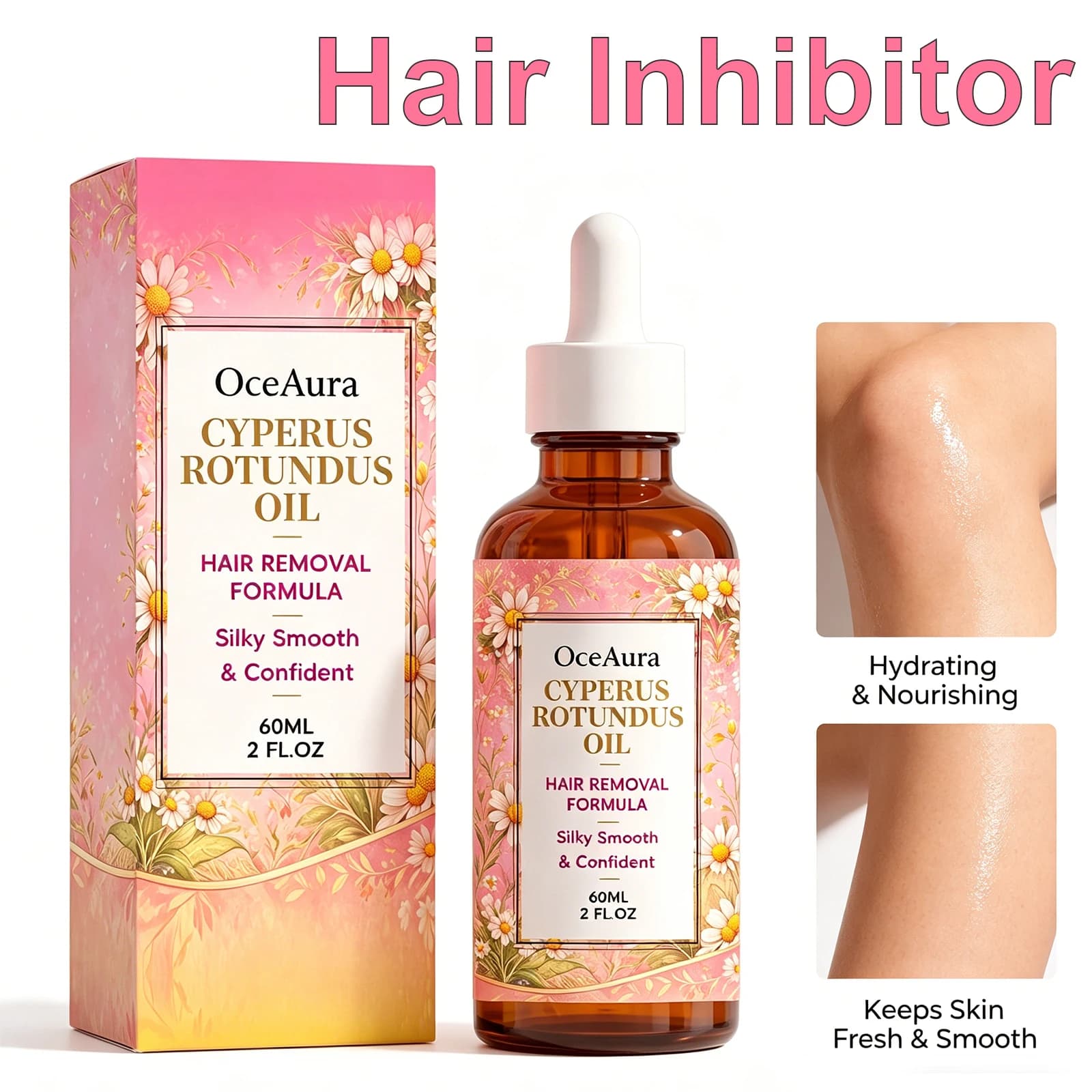 Huile de Cyperus Rotundus OceAura pour l'épilation, huile minimisant les irritations après-rasage, soin hydratant et lissant pour le corps, aisselles, jambes, bras, 60 ml
