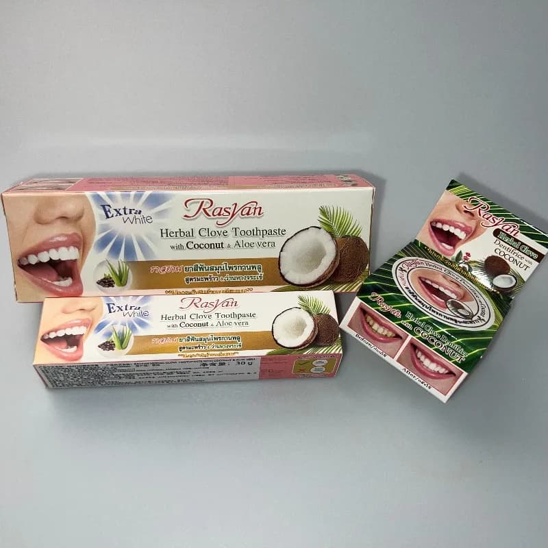 Ensemble dentifrice et poudre dentaire Rasyan de Thaïlande, clou de girofle et huile de coco, élimine efficacement les taches jaunes et la mauvaise haleine