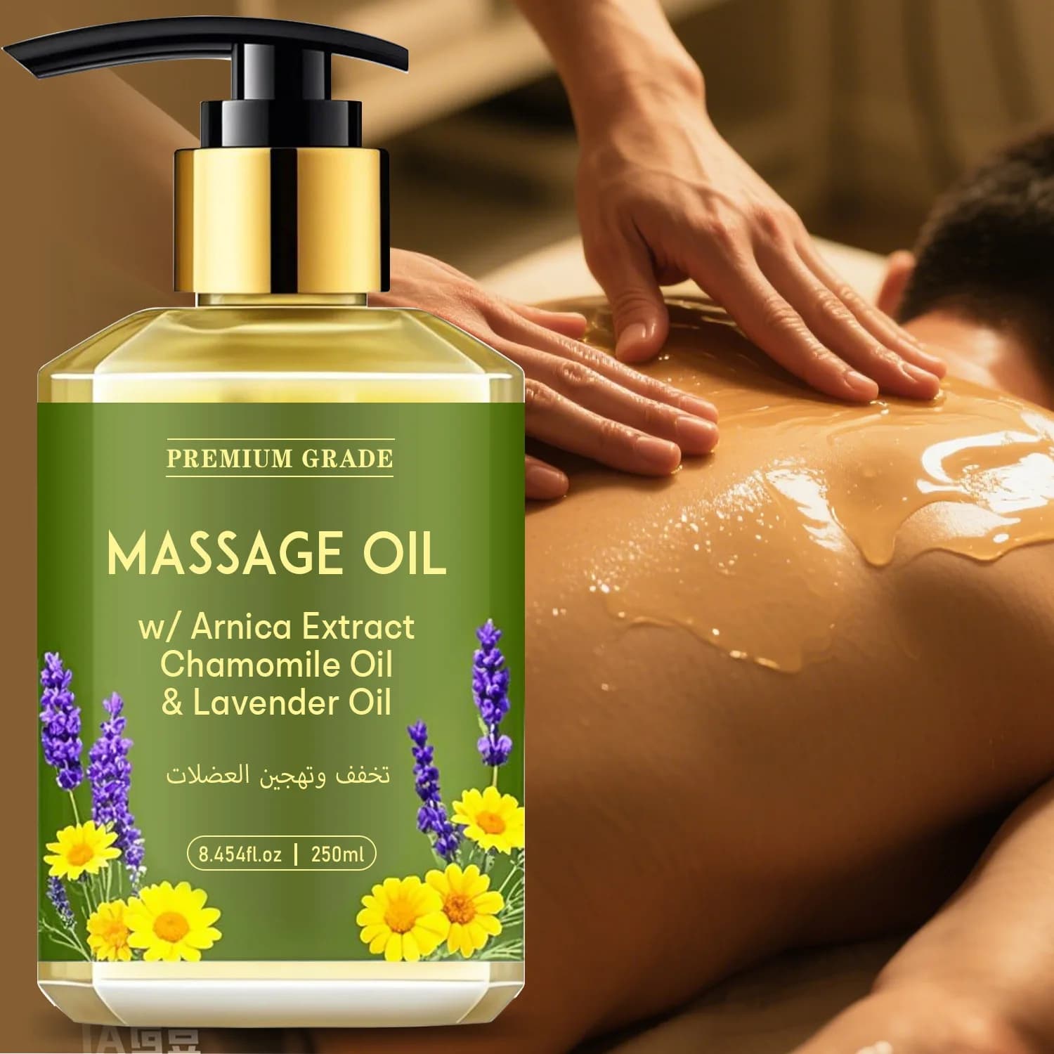 L'huile de massage à l'huile essentielle de camomille et de lavande nourrit la peau, déteste l'esprit et soulage la tension musculaire 250 ml