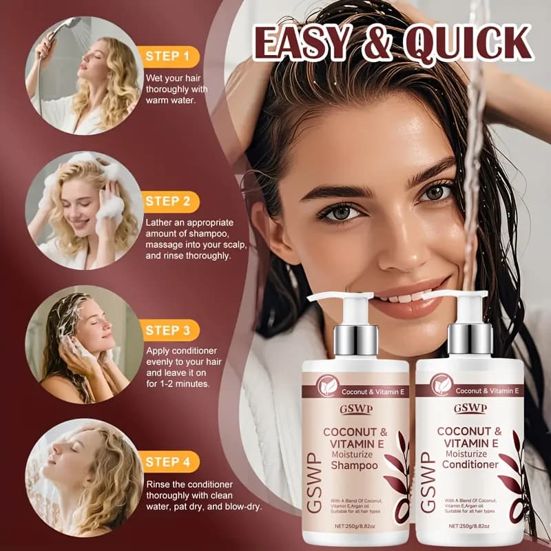 GSWP Ensemble shampoing et après-shampooing à la vitamine E à l'huile de coco nourrit en profondeur les cheveux