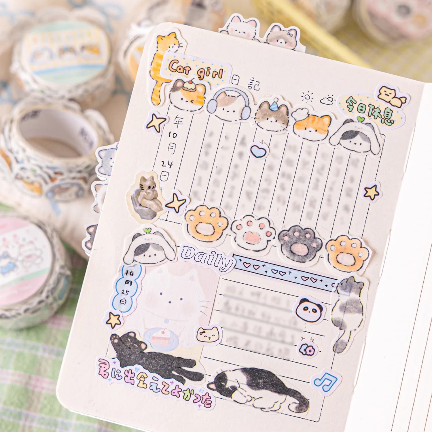 Ruban adhésif décoratif chat mignon de 2m/rouleau pour scrapbooking, fond de page, album, enveloppe, journal, marqueur, papeterie, autocollants