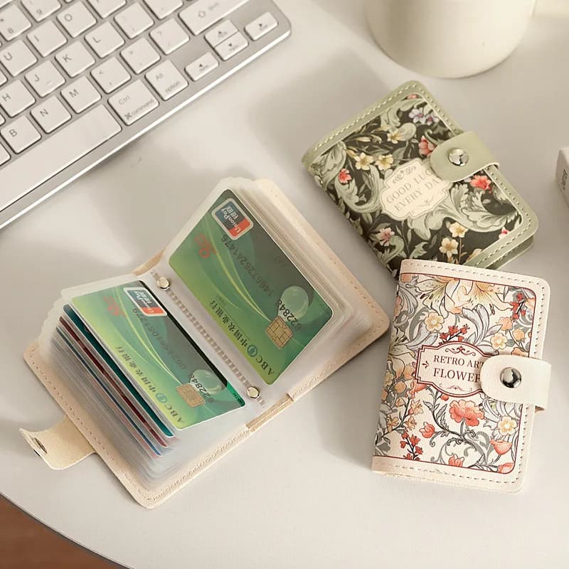 Nouveau porte-cartes à motif floral pour femmes, style vintage, porte-cartes bancaires et d'identité multi-emplacements, étui chic en cuir synthétique