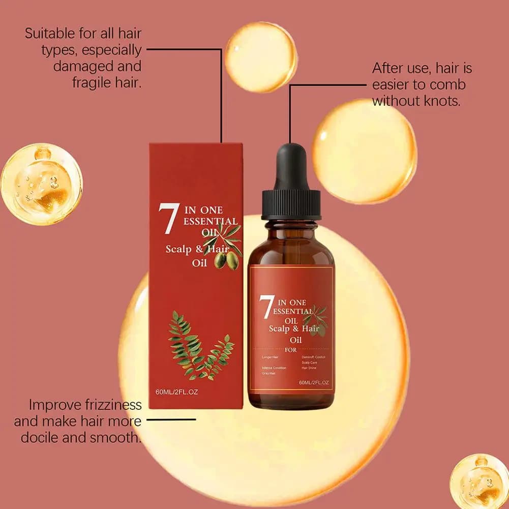 1-5X 60ml Huile essentielle 7-en-1 pour le cuir chevelu et les cheveux – Traitement nourrissant pour des cheveux plus longs, plus forts et brillants, anti-chute de cheveux
