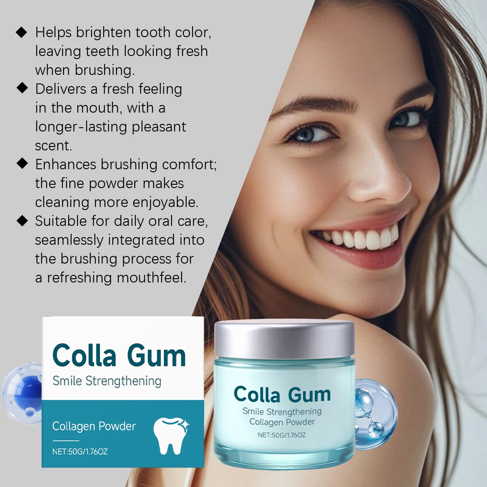 Poudre de Collagène pour les Dents : Apaise les Gencives, Rafraîchit l'Haleine, Soulage les Caries, Réduit le Jaunissement, Améliore la Beauté des Dents, Éclaircit les Dents