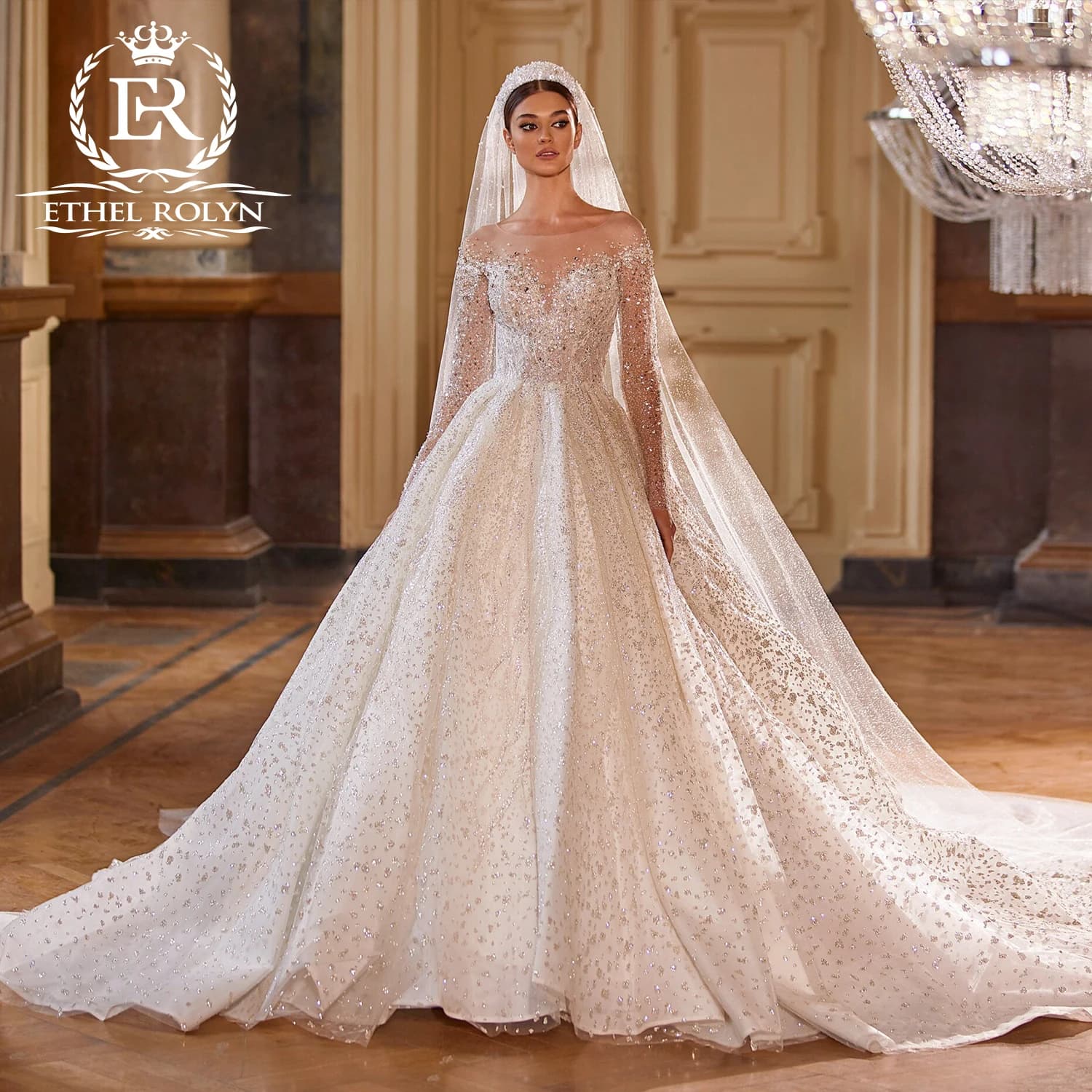 ETHEL ROLYN – robe de mariée pour femmes, Photos réelles, manches longues, en Tulle scintillant, avec cristaux, Vestidos De Novia