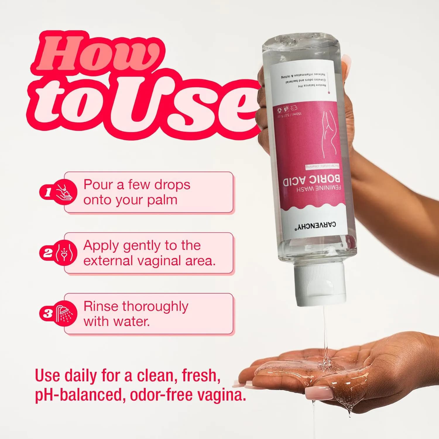 Nettoyant féminin équilibrant le pH avec acide borique |   Contrôle des odeurs |   Nettoie les pertes vaginales |   Favorise un équilibre intime sain