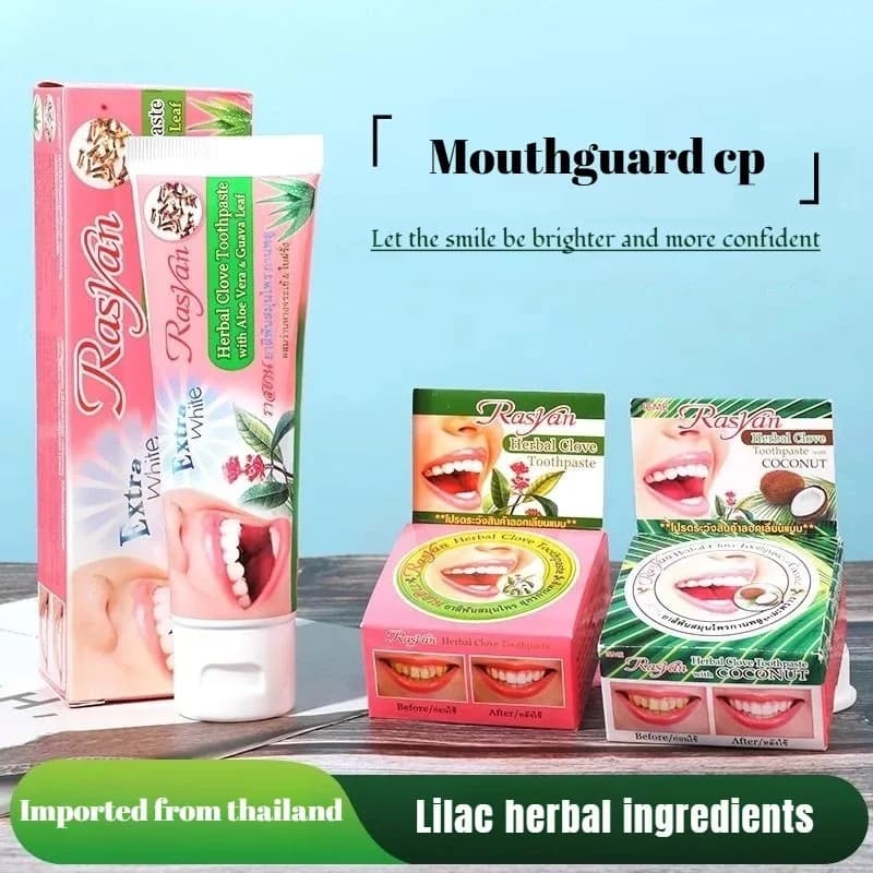 Ensemble dentifrice et poudre dentaire Rasyan de Thaïlande, clou de girofle et huile de coco, élimine efficacement les taches jaunes et la mauvaise haleine