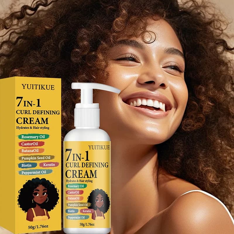 Crème définissante pour boucles YUITIKUE 7-en-1, crème coiffante hydratante pour cheveux bouclés avec huile de romarin et huile de ricin