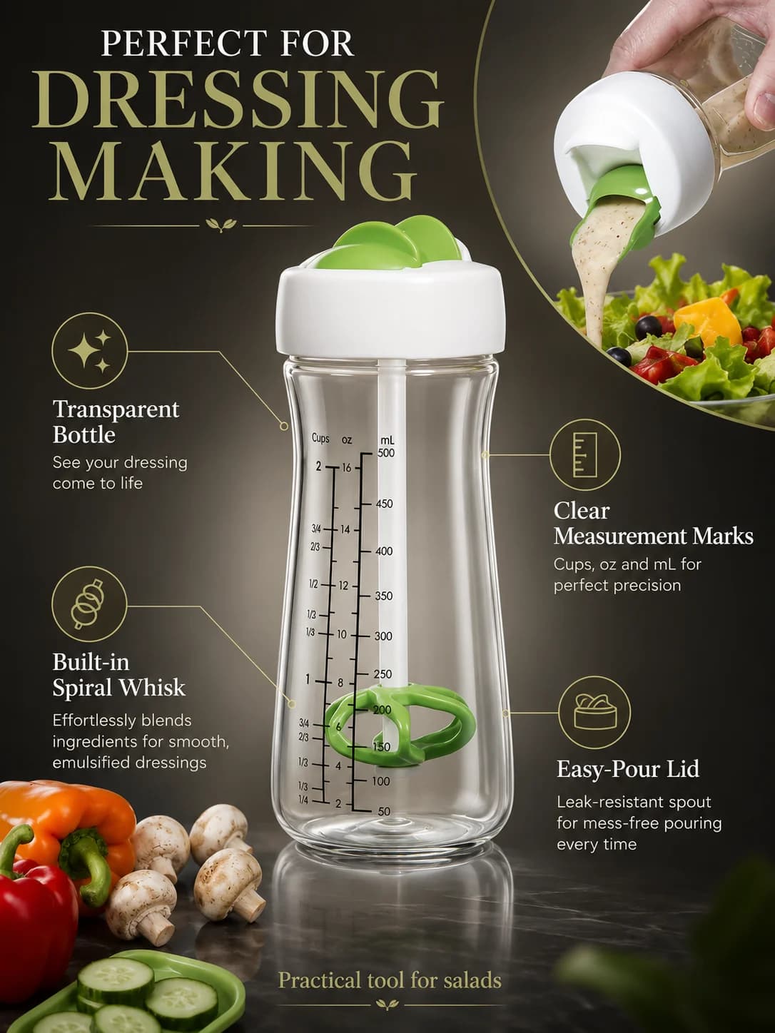 Bouteille shaker pour vinaigrette avec échelle graduée