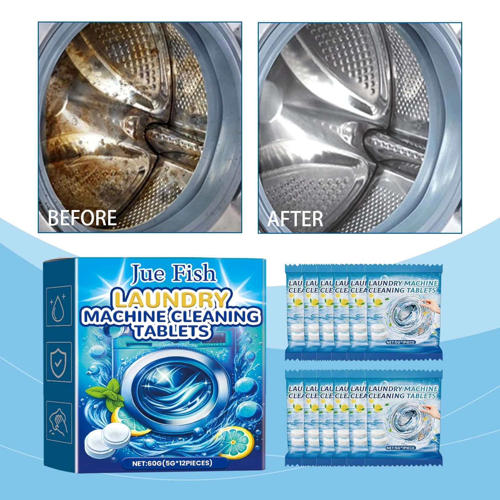 Comprimés effervescents pour nettoyage de Machine à laver, 12 pièces, nettoie en profondeur la saleté tenace, élimine les odeurs, douce, sans résidus pour tous les modèles