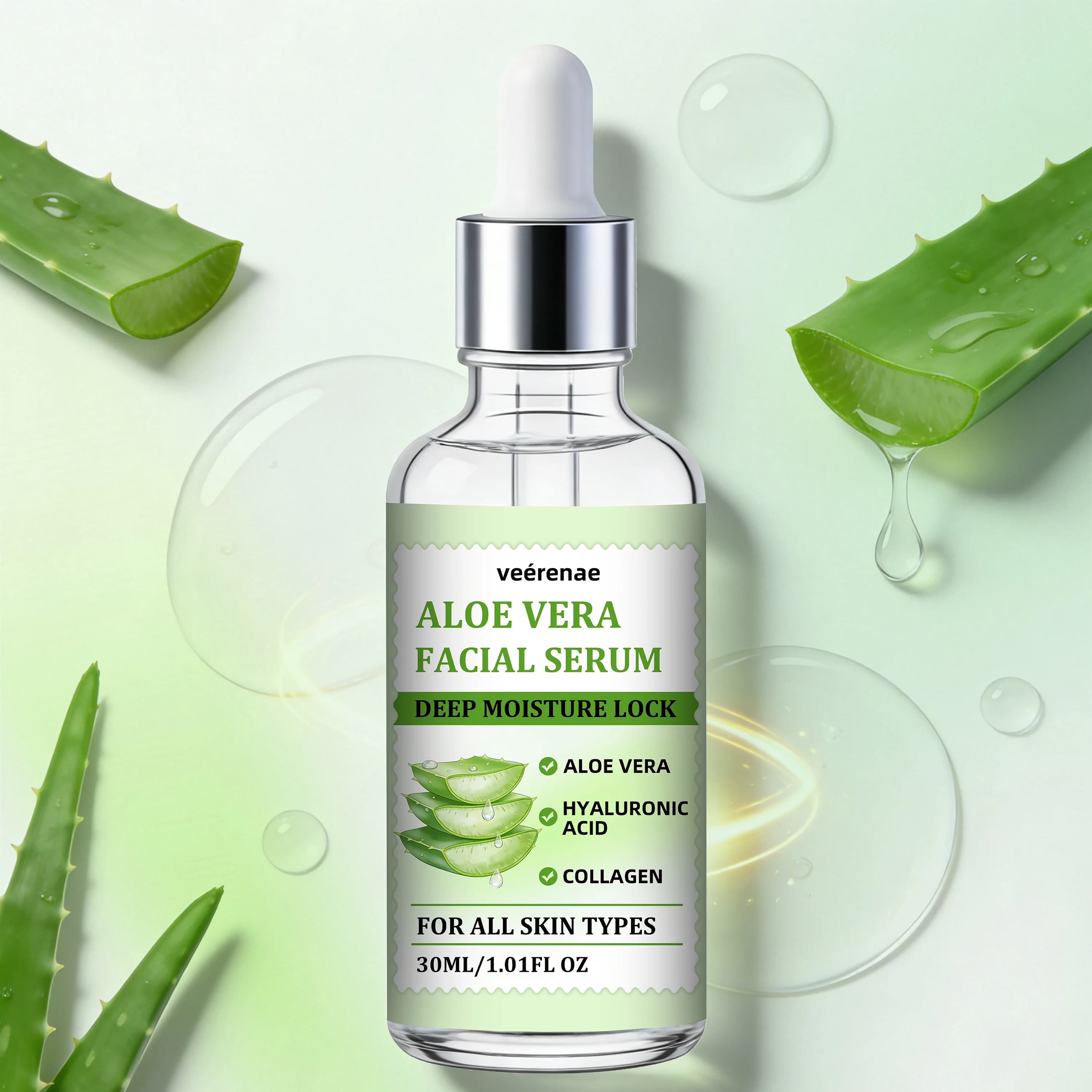 veérenae ALOE VERA FACIAL SERUM - Hydratant et apaisant, sans huile, à absorption rapide et non gras, idéal pour les soins quotidiens de la peau