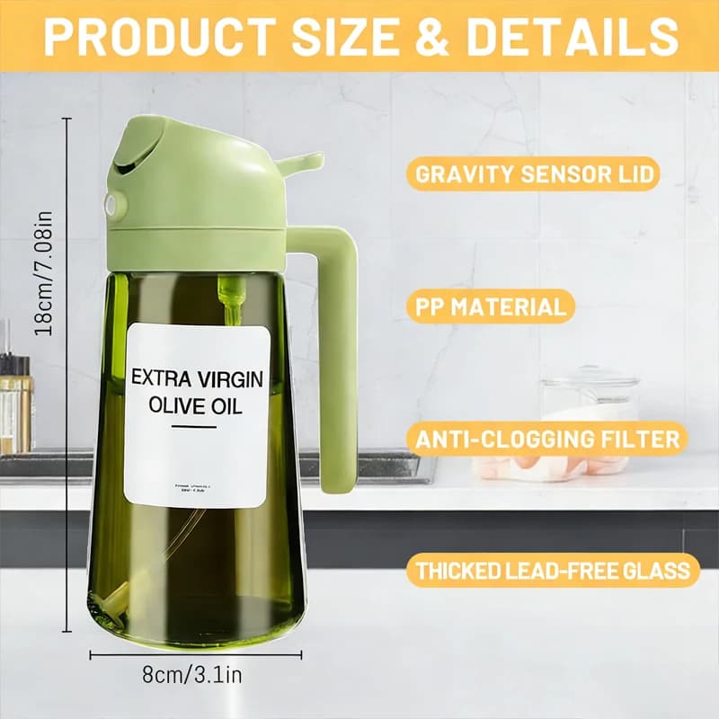 Distributeur d'huile en verre vert 470 ml avec pulvérisateur d'huile d'olive Blackout, grande capacité, pour la cuisine, pour huiles et vinaigres