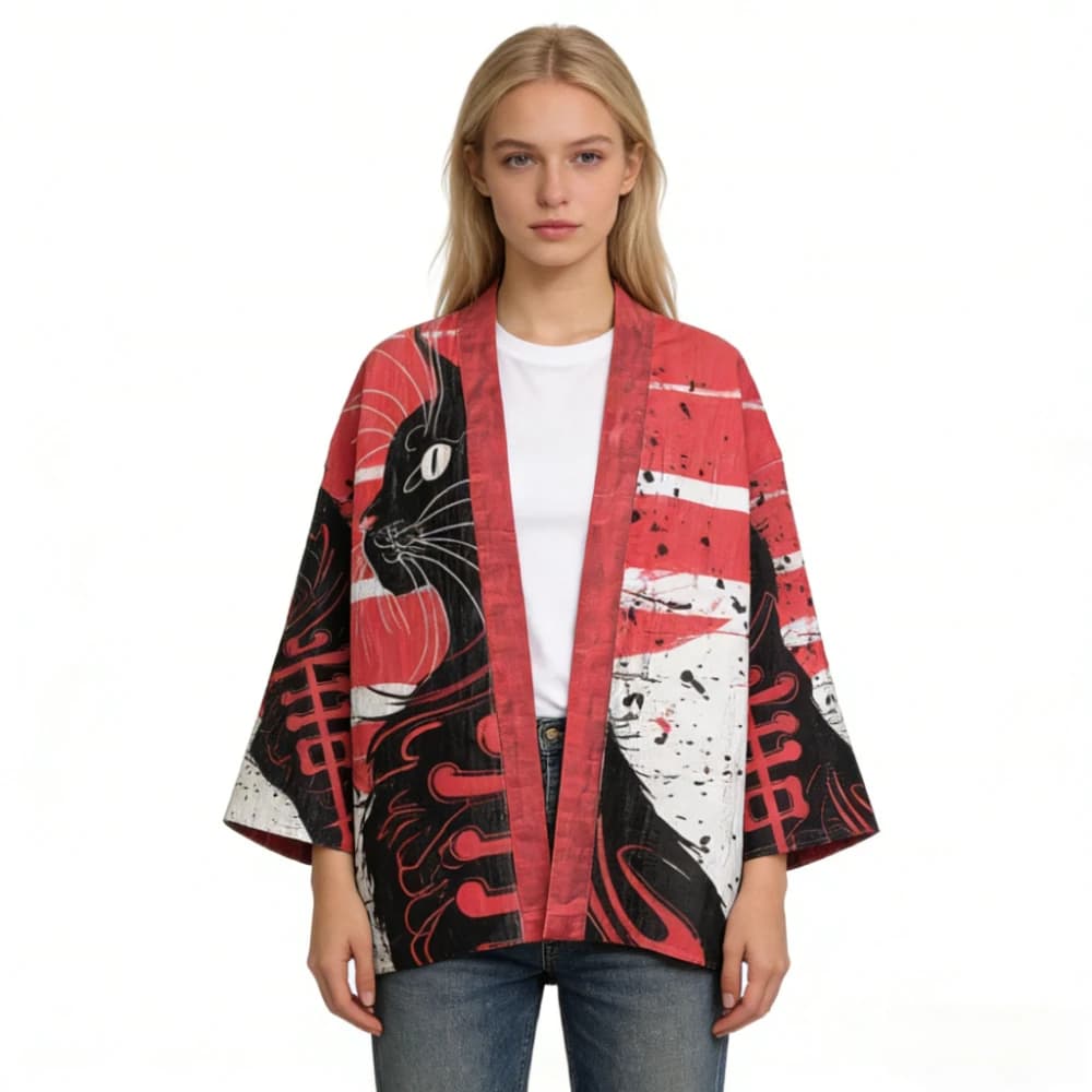 Cardigan Kimono Ukiyo-e Japonais à imprimé Baleine et Vague, Robe ouverte sur le devant, Légère en Coton, Cache-maillot de plage, Veste de détente ouverte sur le devant