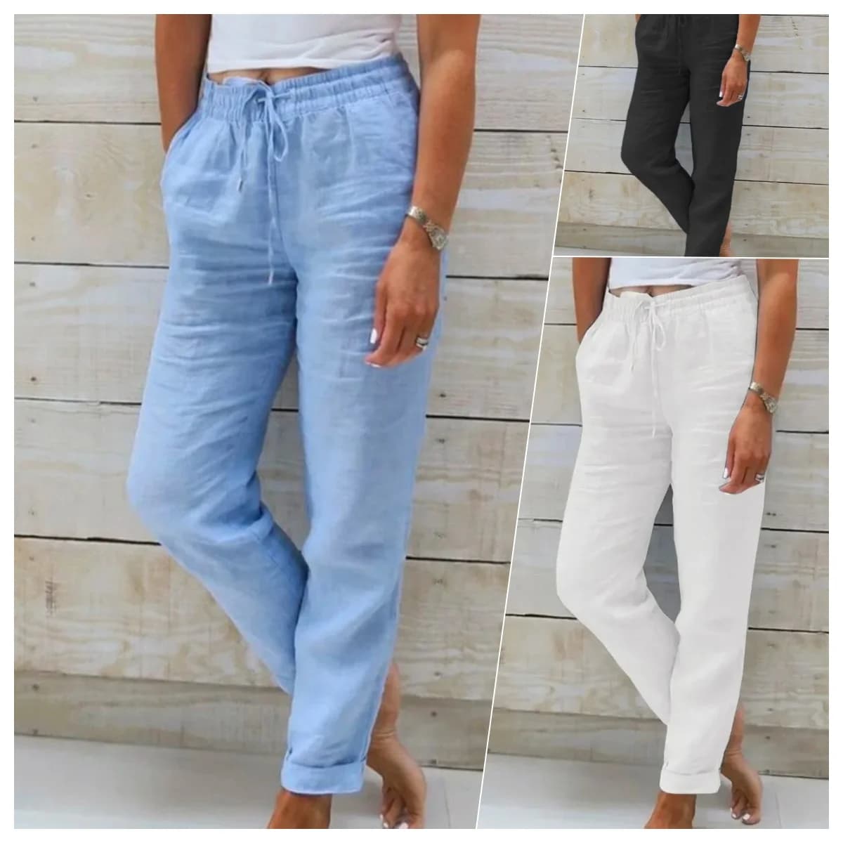Pantalon d'été en coton et lin pour femme, taille haute élastique, décontracté, streetwear, couleur unie, coupe crayon ample, collection 2026