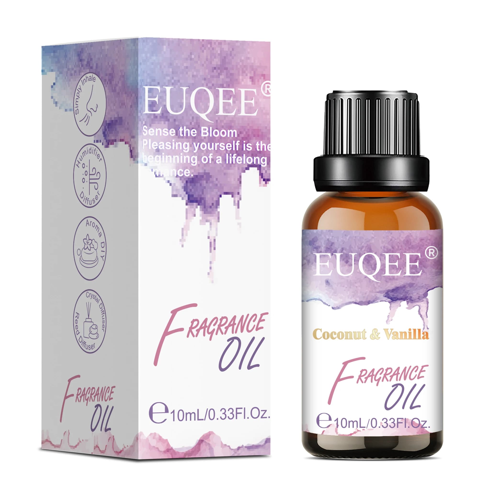 Huile parfumée d'aromathérapie EUQEE 10ml pour diffuseur - Poudre pour bébé, noix de coco et vanille, chewing-gum, musc blanc, fleur d'oranger