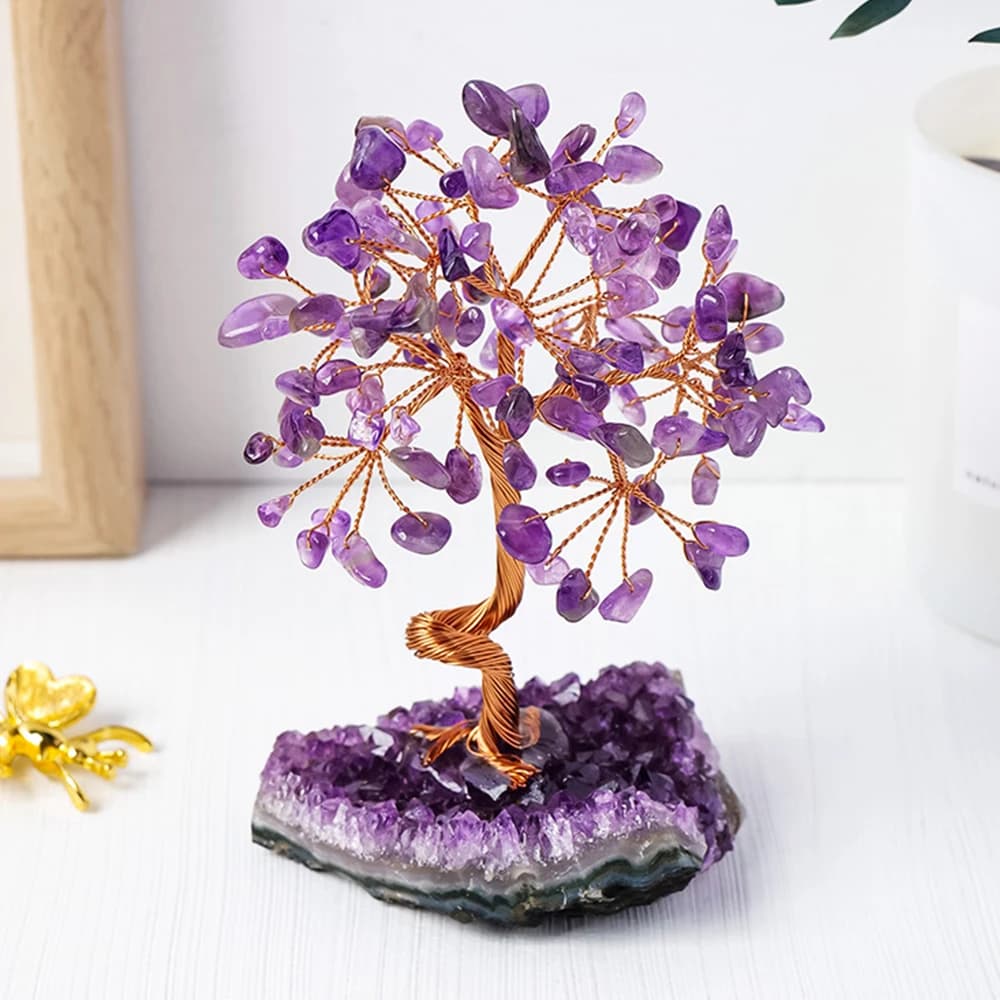 Arbre en grappe de cristal d'améthyste naturelle – Base en pierre concassée pour la décoration de la maison