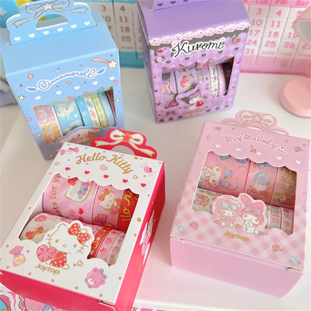 10 rouleaux/boîte Sanrio Hello Kitty Cinnamoroll, autocollants en ruban, autocollants mignons de dessins animés, autocollants à chaud pour carnet, jouets, cadeaux
