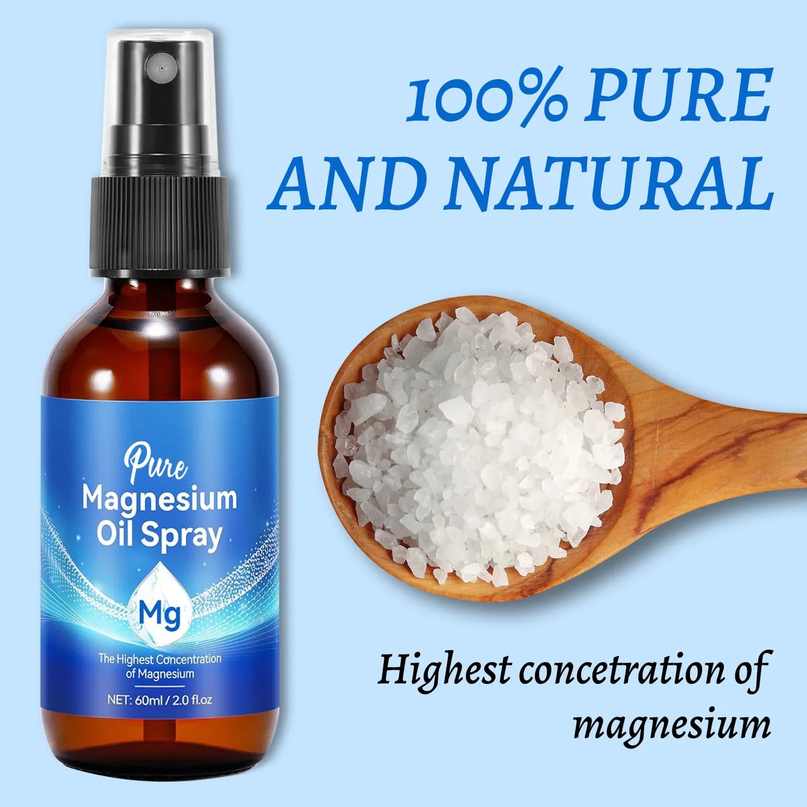 Huile de magnésium naturelle 60 ml - 10% de concentration minérale la plus élevée pour les soins de la peau et du corps. Spray à formule de chlorure à absorption rapide.