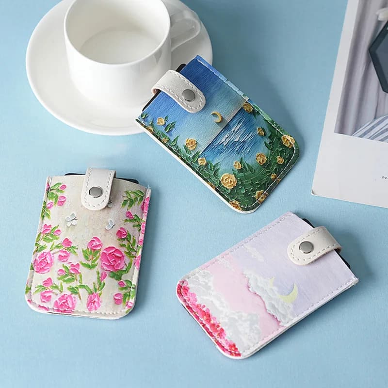 Porte-cartes unisexe multi-motifs de style peinture à l'huile artistique, étui pour cartes mince en cuir PU