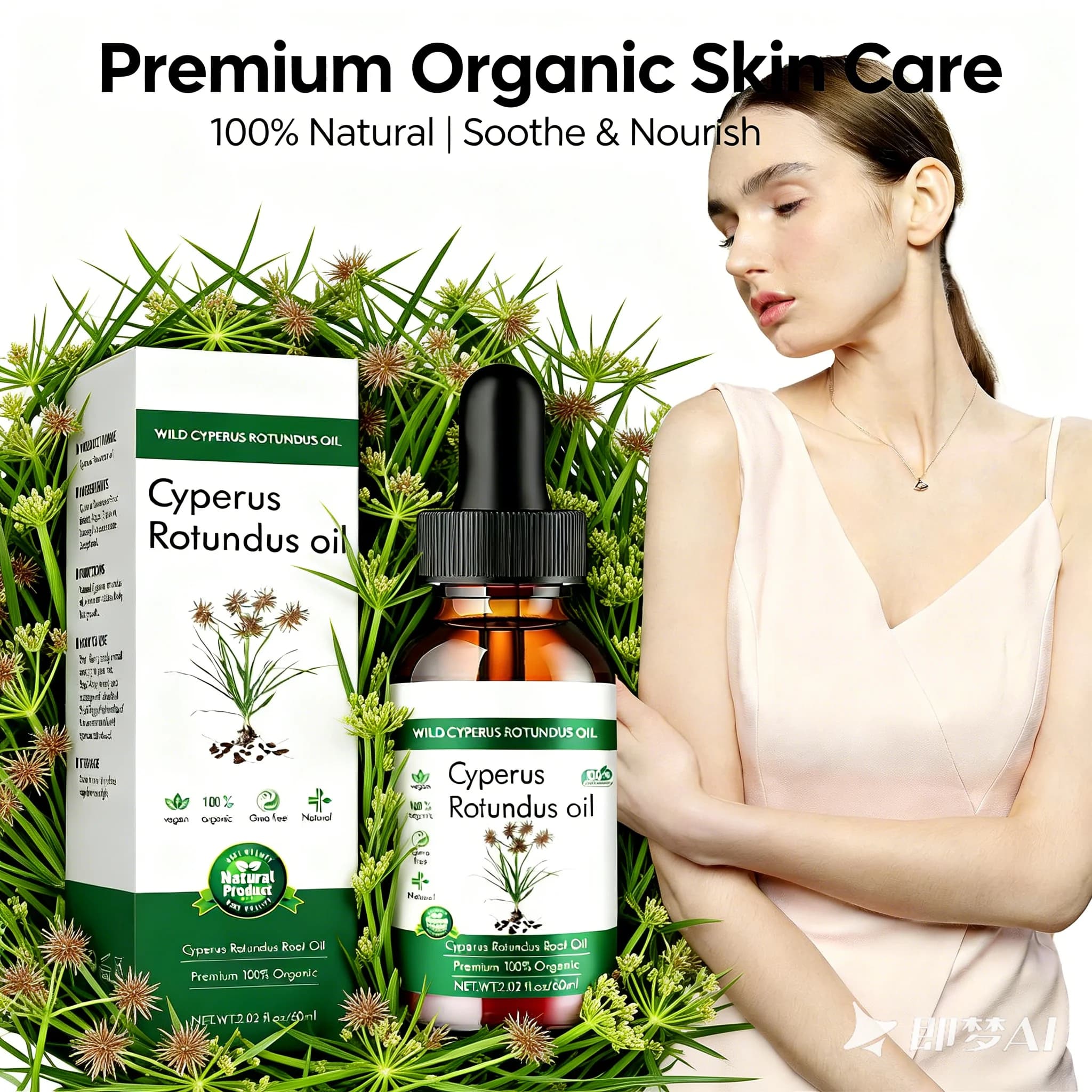 Huile de racine biologique Wild Cyrperus Rotundus (herbe aux noix) 60 ml - Huile faciale végétalienne naturelle pour une peau apaisante, apaisante et nourrissante.