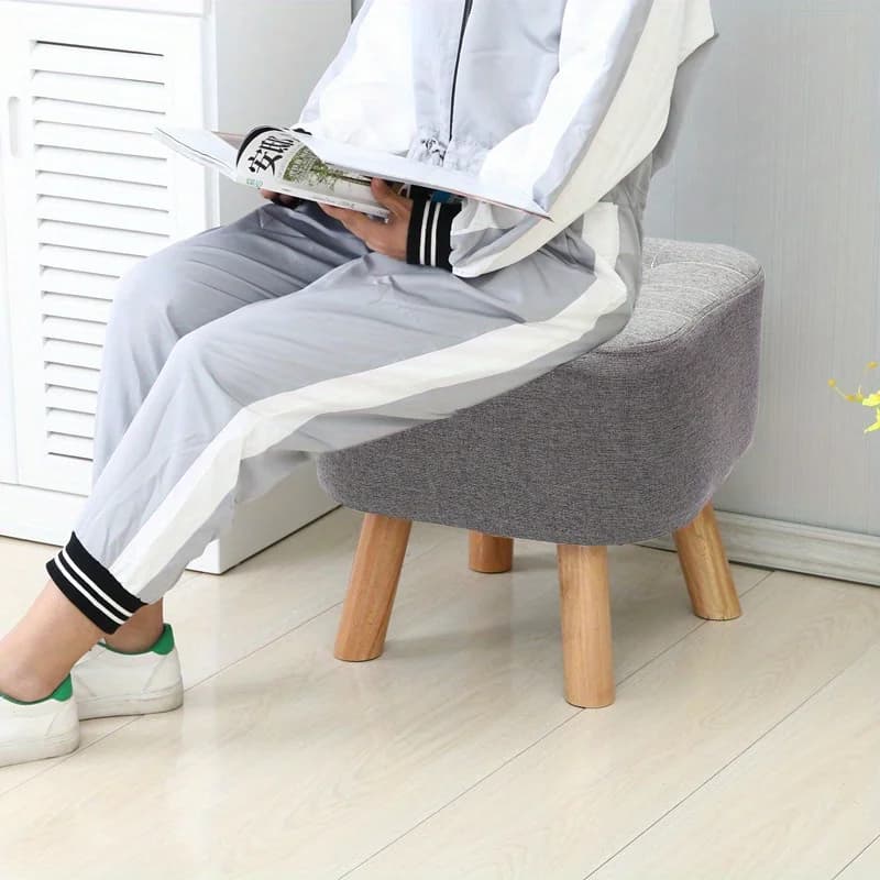 Repose-pieds carré en tissu de lin rembourré avec pieds en bois - Tabouret bas confortable et décoratif pour la maison