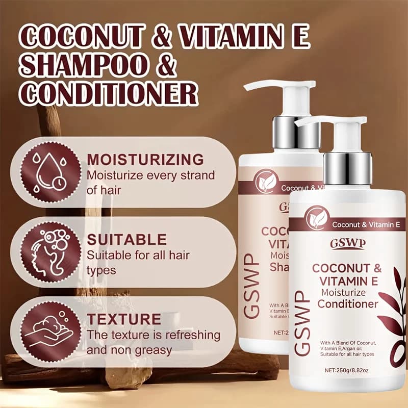 GSWP Ensemble shampoing et après-shampooing à la vitamine E à l'huile de coco nourrit en profondeur les cheveux