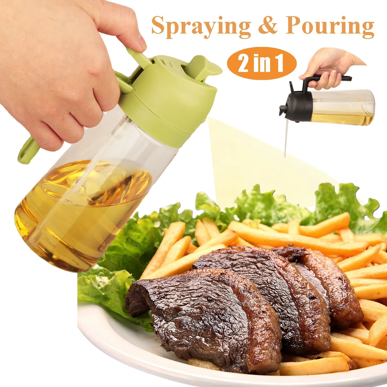 Bouteille distributrice d'huile d'olive 16oz pour la cuisine, distributeur d'huile d'olive et pulvérisateur d'huile 2 en 1, bouteille pulvérisatrice d'huile d'olive de 470ml pour la cuisine