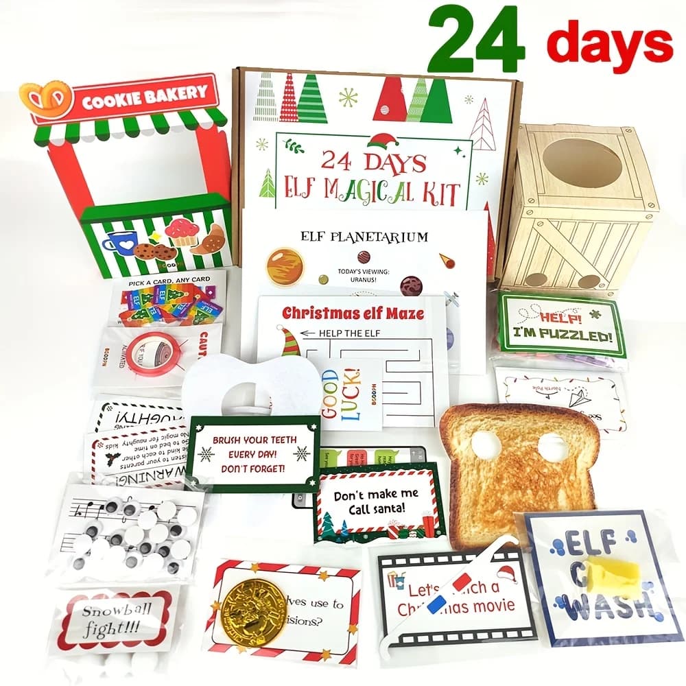 Kit elfe 24 jours avec 24 accessoires d'elfe et 12 activités d'elfe-calendrier de compte à rebours d'elfe de noël avec maison d'elfe, nourriture d'elfe, artisanat et jeux d'elfe