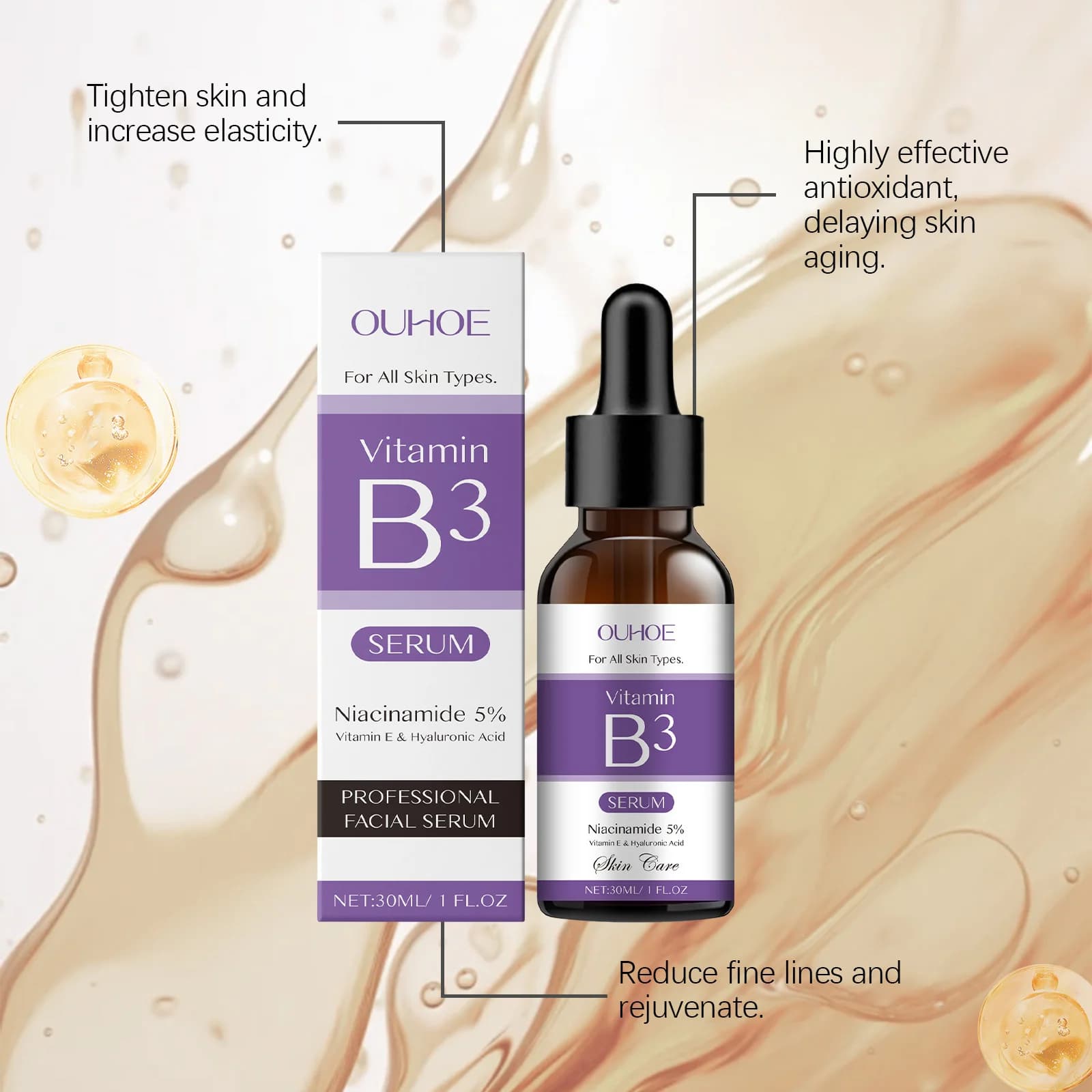 Sérum à la vitamine B3 pour éliminer les rides, éclaircir la peau, corriger la mélanine, réparer la barrière cutanée, liftant, hydratant, améliore l'élasticité, essence pour le visage