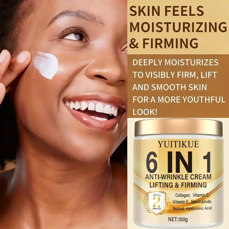 Crème Anti-Rides 6 en 1 : hydrate en profondeur, raffermit la peau, contient des vitamines C et E, au rétinol et à l'acide hyaluronique.