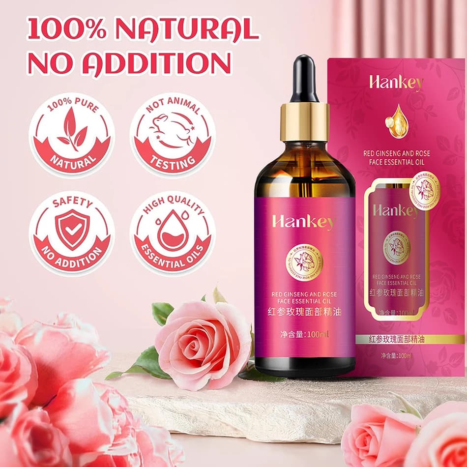 Huile de rose pour le visage à l'extrait de ginseng rouge, sérum facial anti-âge, éclaircit l'hydrat, optimiste et révèle une peau radieuse, 100ml