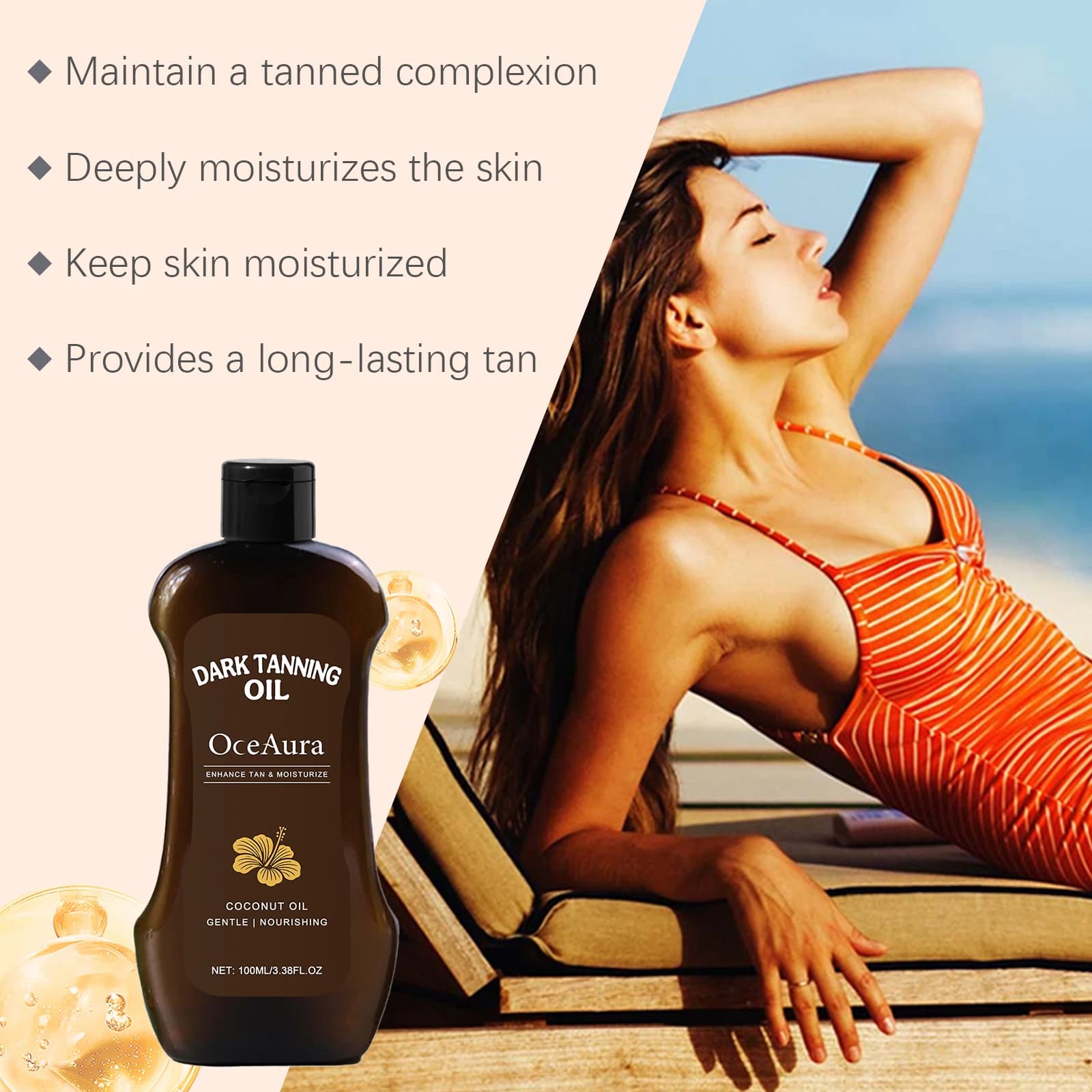 O ​ CEAURA huile de bronzage foncée de noix de coco bronzante longue durée en plein air été plage marron longue durée sans soleil faux Tan Lotion pour le corps 100m