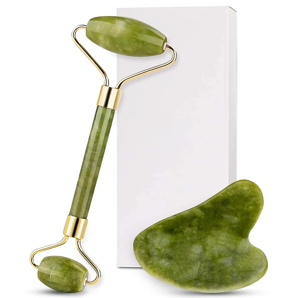 Masseur facial à rouleau de jade de quartz naturel avec planche guasha, kits vert rose noir pour massage au rouleau du visage et du cou