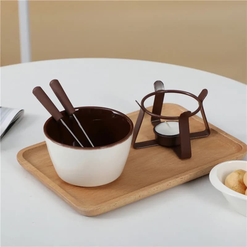 Ensemble de fondue au chocolat avec fourchettes - Pot à fondue en céramique pour chocolat, fromage, beurre, avec chauffe-plat pour fêtes et réunions