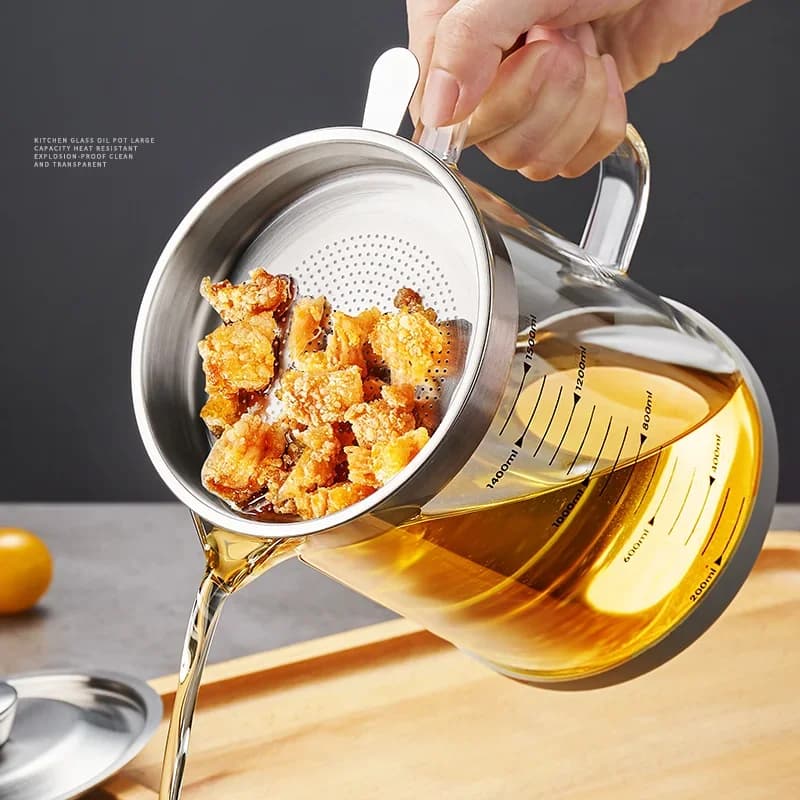 Pot à huile en verre transparent 1L/1.5L avec échelle graduée, séparateur et réservoir de stockage d'huile de cuisine avec filtre à mailles fines, récipient à graisse