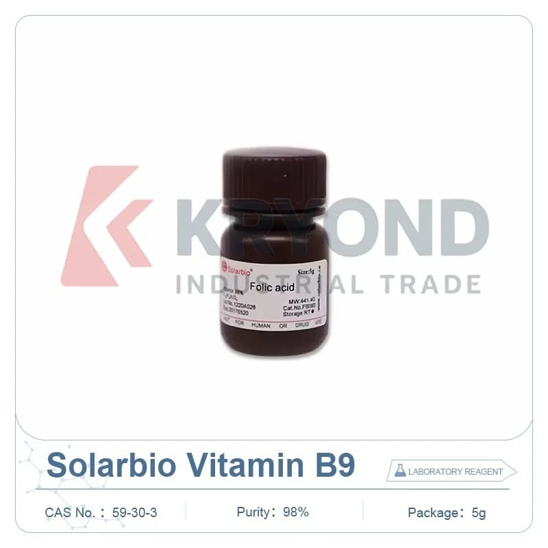 Acide folique Solarbio F8090 CAS 59-30-3 98 % Réactif biochimique pour la recherche en laboratoire, les tests et l'analyse d'échantillons de laboratoire, Pack 5g