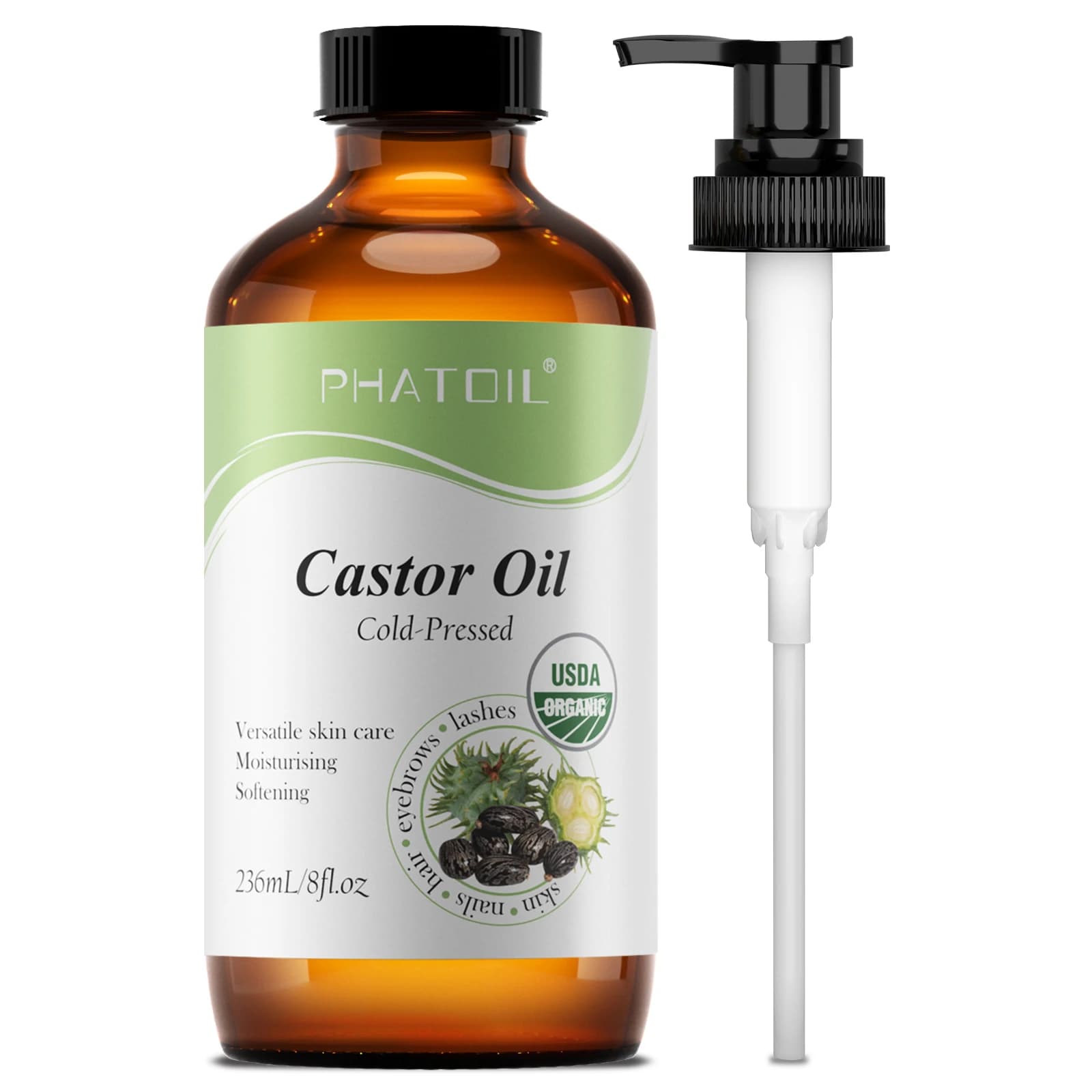 PHATOIL 1 pièces huiles de ricin organiques 118 ml/236 ml USDA huile de ricin pressée à froid pour la croissance des cils et des ongles, hydrate la peau, soins capillaires
