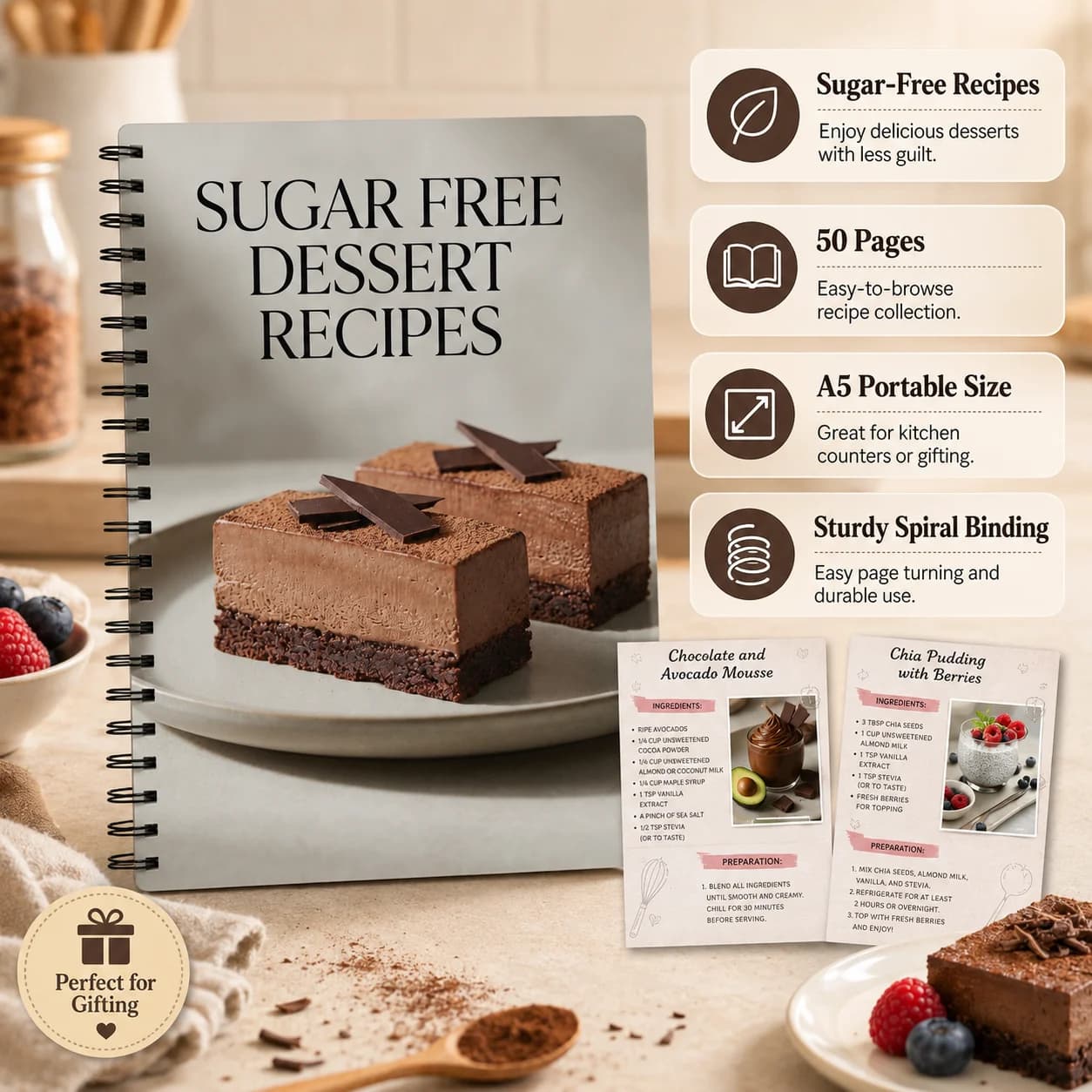 Carnet de recettes de desserts sans sucre, livre de recettes de friandises saines sans coup de chapeau du diable pour les régimes hypoglycémiques et cétogènes, pâtisserie facile et sans cuisson
