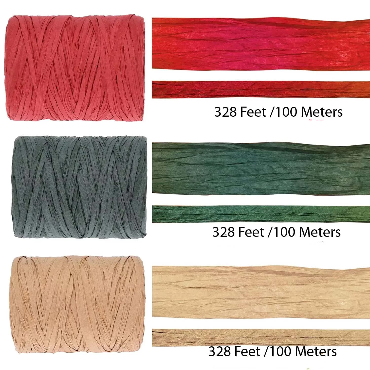 Ruban en raphia rouge vert naturel, 3 rouleaux 984 pieds, 328 pieds par rouleau, ruban d'emballage de ficelle en papier pour décoration de fête, vacances, bricolage