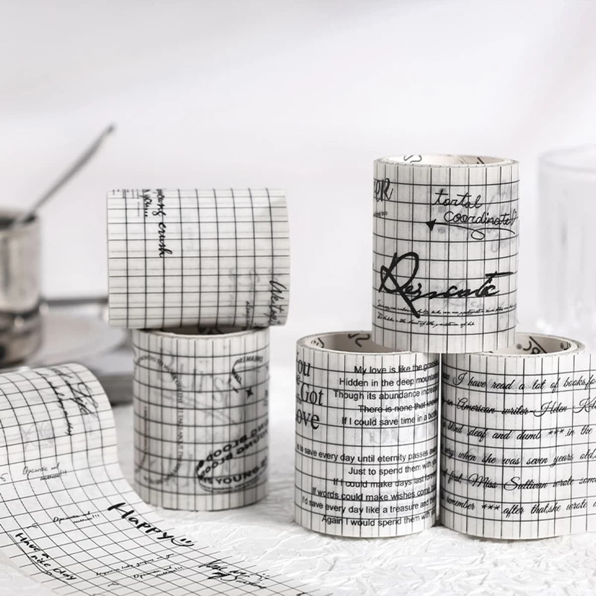 6 rouleaux/boîte de ruban washi vintage anglais, ruban décoratif simple noir et blanc, facile à déchirer pour la décoration de fond de scrapbooking
